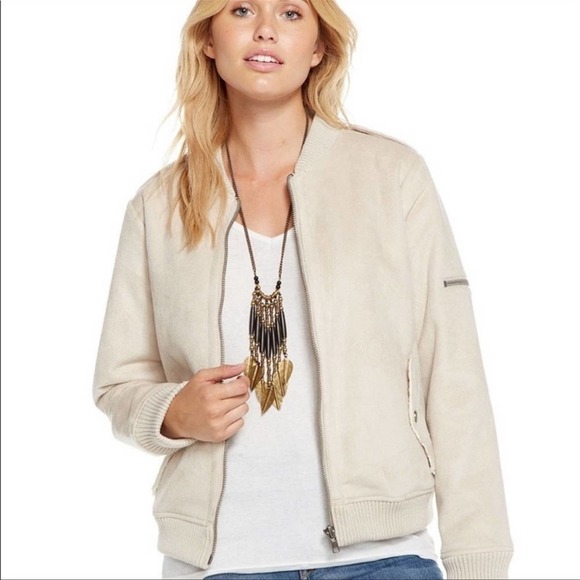 Chaser Faux Fur Lined Faux Suede Cropped Full Zip Jacket in Beige Size Medium - Picture 14 of 15